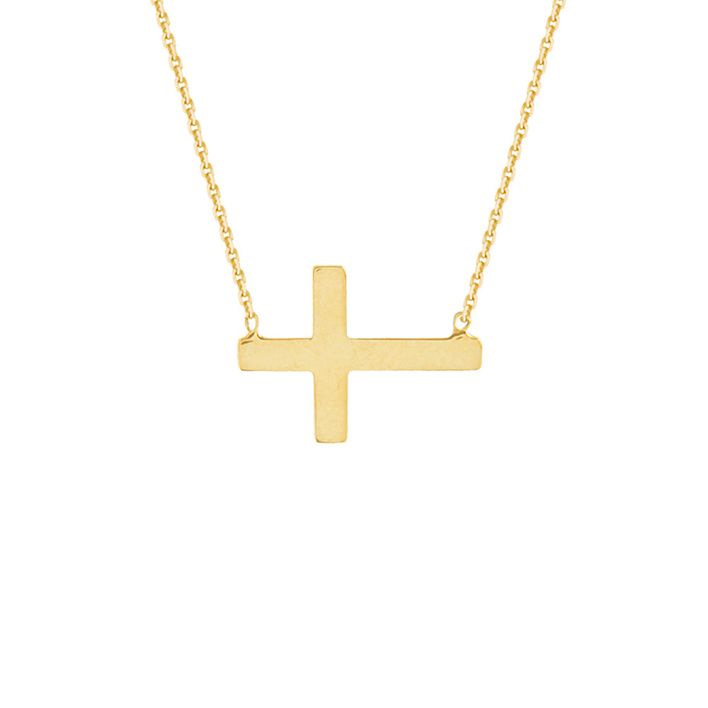 14K Yellow Gold Sideways Cross Necklace. Adjustable Diamond Cut Cable Chain 16" to 18"
