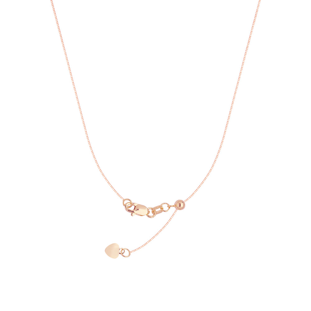 22" Adjustable Box Chain Necklace with Slider 14K Rose Gold 0.8 mm 3.3 grams