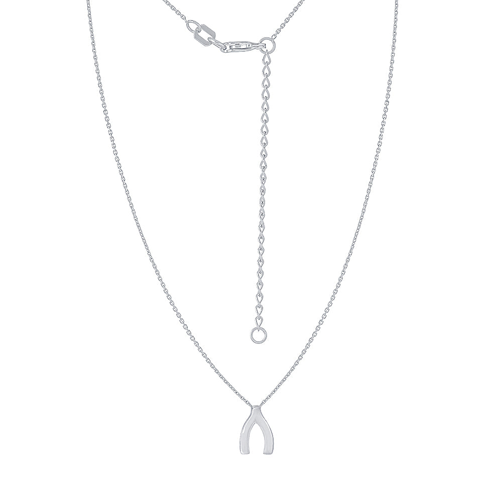 14K White Gold Wishbone Necklace. Adjustable Diamond Cut Cable Chain 16" to 18"