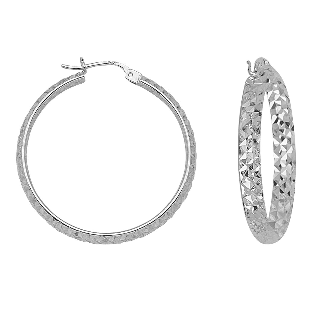 10K White Gold 3 mm Diamond Cut Hoop Earrings 1.2" Diameter