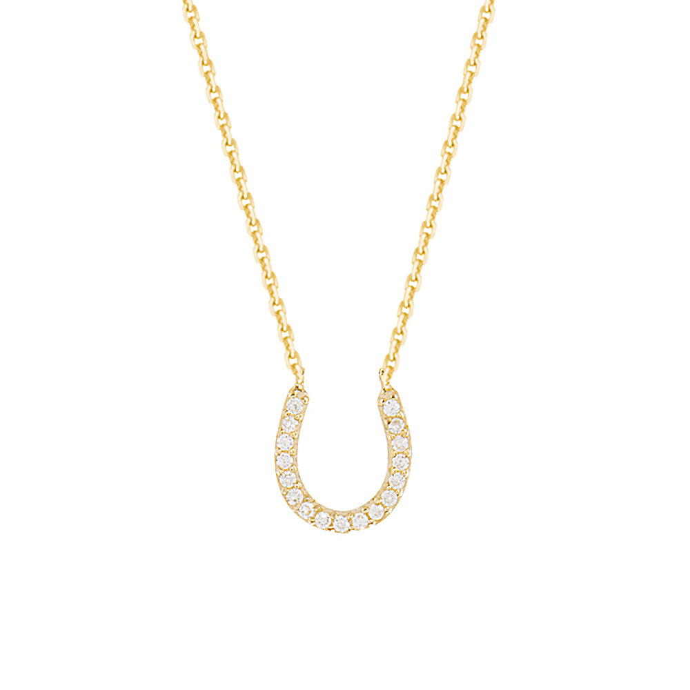 14K Yellow Gold Cubic Zirconia Lucky Horseshoe Necklace. Adjustable Diamond Cut Cable Chain 16" to 18"
