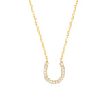 14K Yellow Gold Cubic Zirconia Lucky Horseshoe Necklace. Adjustable Diamond Cut Cable Chain 16