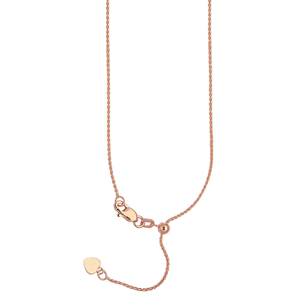 22" Adjustable Wheat Chain Necklace with Slider 14K Rose Gold 1.02 mm 2.9 grams
