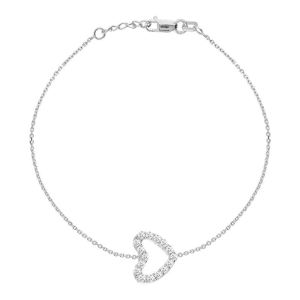 14K White Gold Cubic Zirconia Heart Bracelet. Adjustable Diamond Cut Cable Chain 7" to 7.50"
