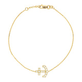 14K Yellow Gold Cubic Zirconia Sideways Anchor Bracelet. Adjustable Cable Chain 7" to 7.50"