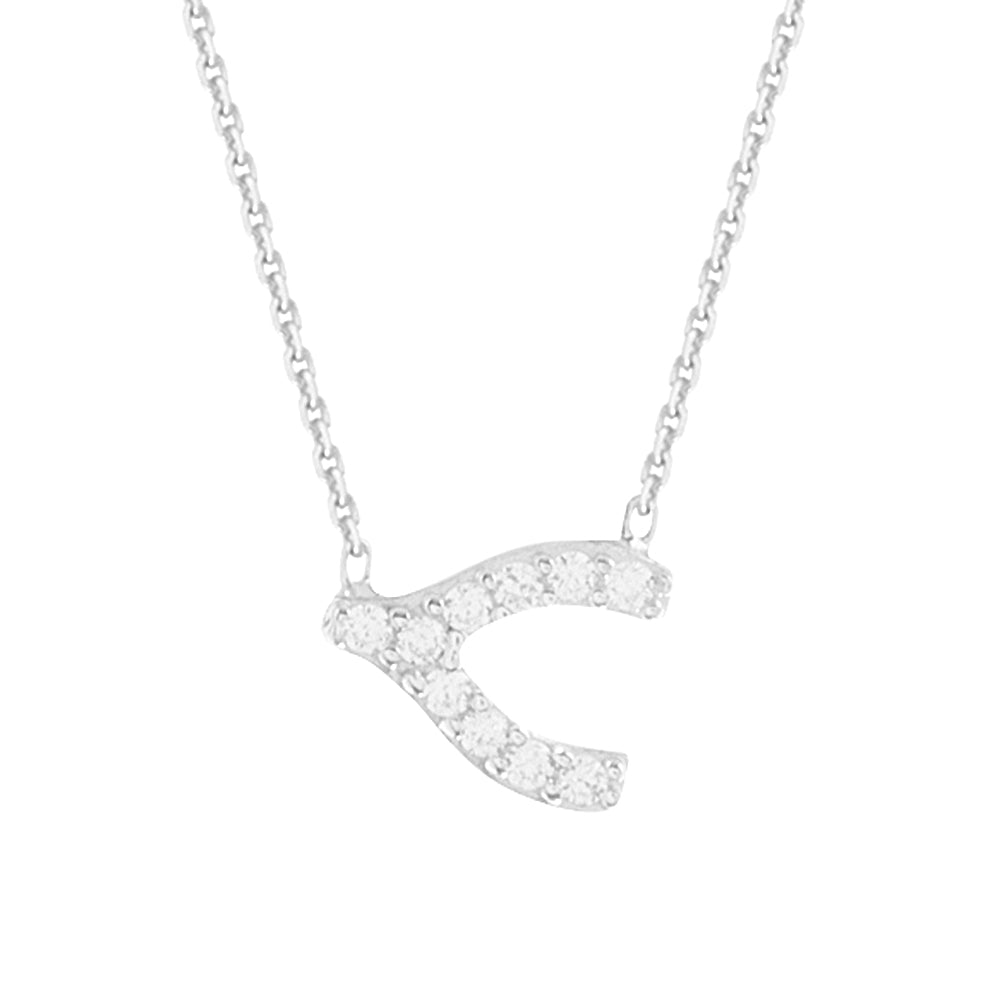 14K White Gold Cubic Zirconia Sideways Wishbone Necklace. Adjustable Diamond Cut Cable Chain 16" to 18"