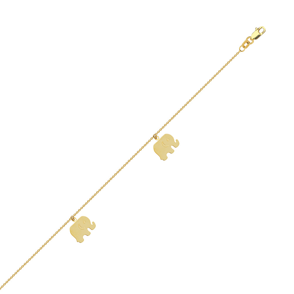 14K Yellow Gold Elephant Anklet Adjustable 9" to 10" length