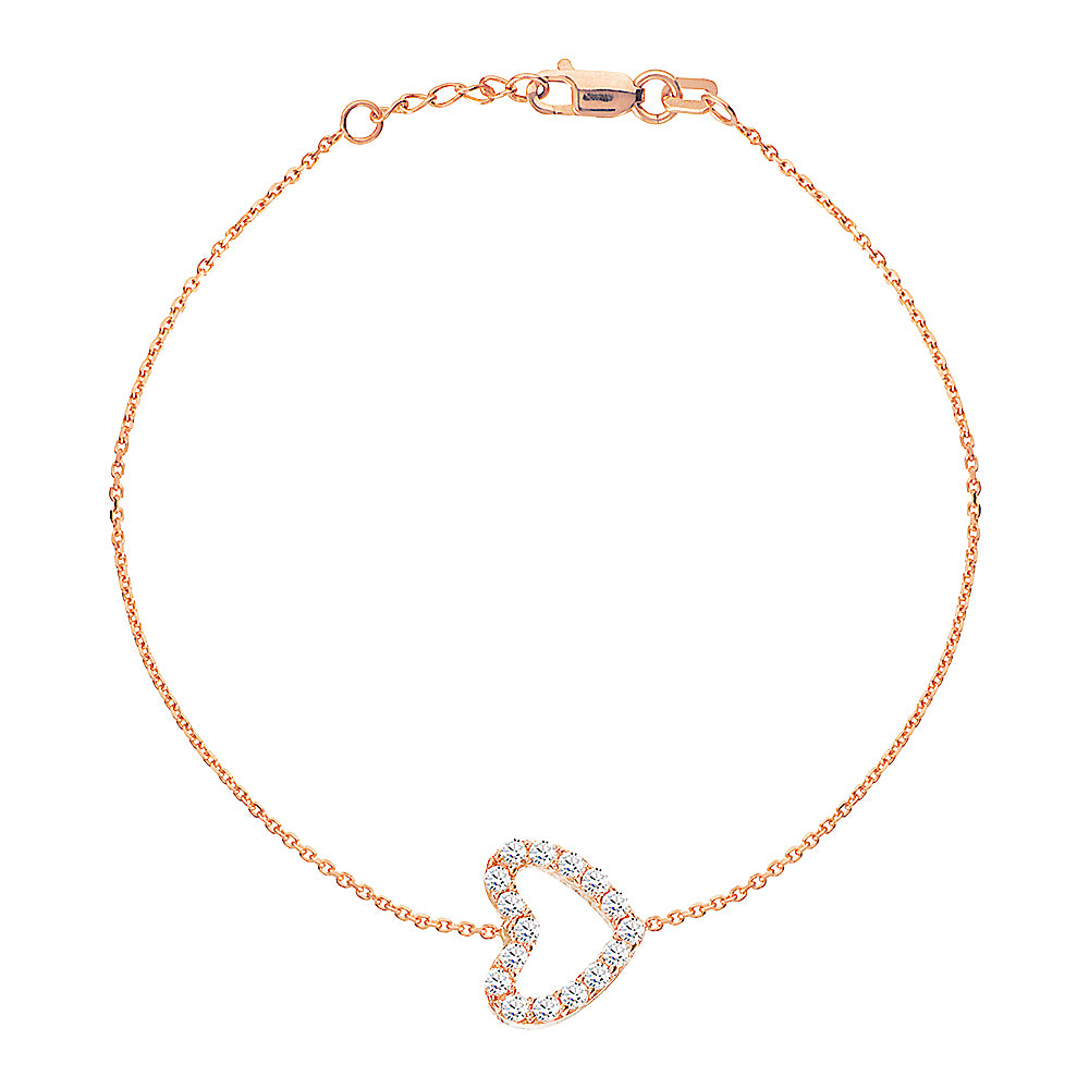 14K Rose Gold Cubic Zirconia Heart Bracelet. Adjustable Diamond Cut Cable Chain 7" to 7.50"