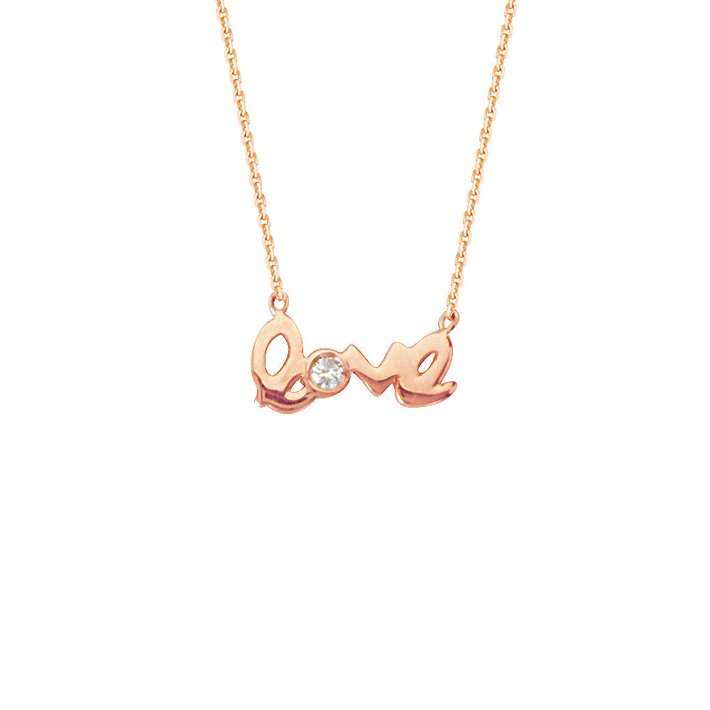14K Rose Gold Diamond Love Necklace. Adjustable Cable Chain 16" to 18"