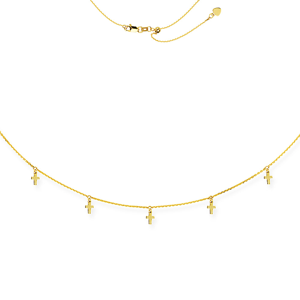 14K Yellow Gold Mini Cross Choker Necklace. Adjustable 10"-16"