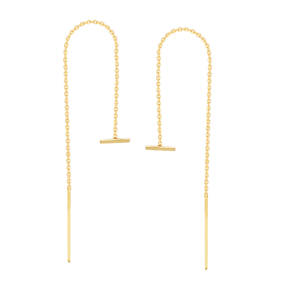 14K Yellow Gold Sideways Bar Threader Earring
