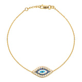 14K Yellow Gold Sideways Evil Eye Cubic Zirconia Bracelet. Adjustable Cable Chain 7" to 7.50"