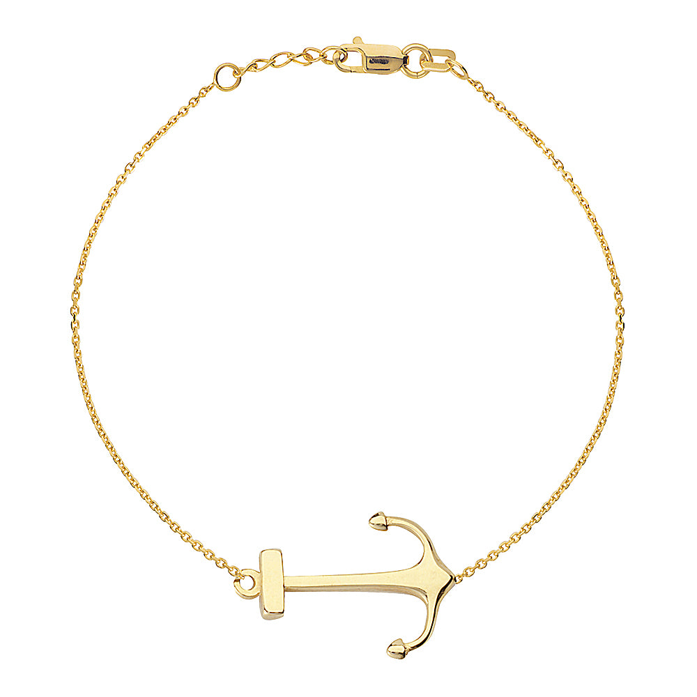 14K Yellow Gold Sideways Anchor Bracelet. Adjustable Cable Chain 7" to 7.50"