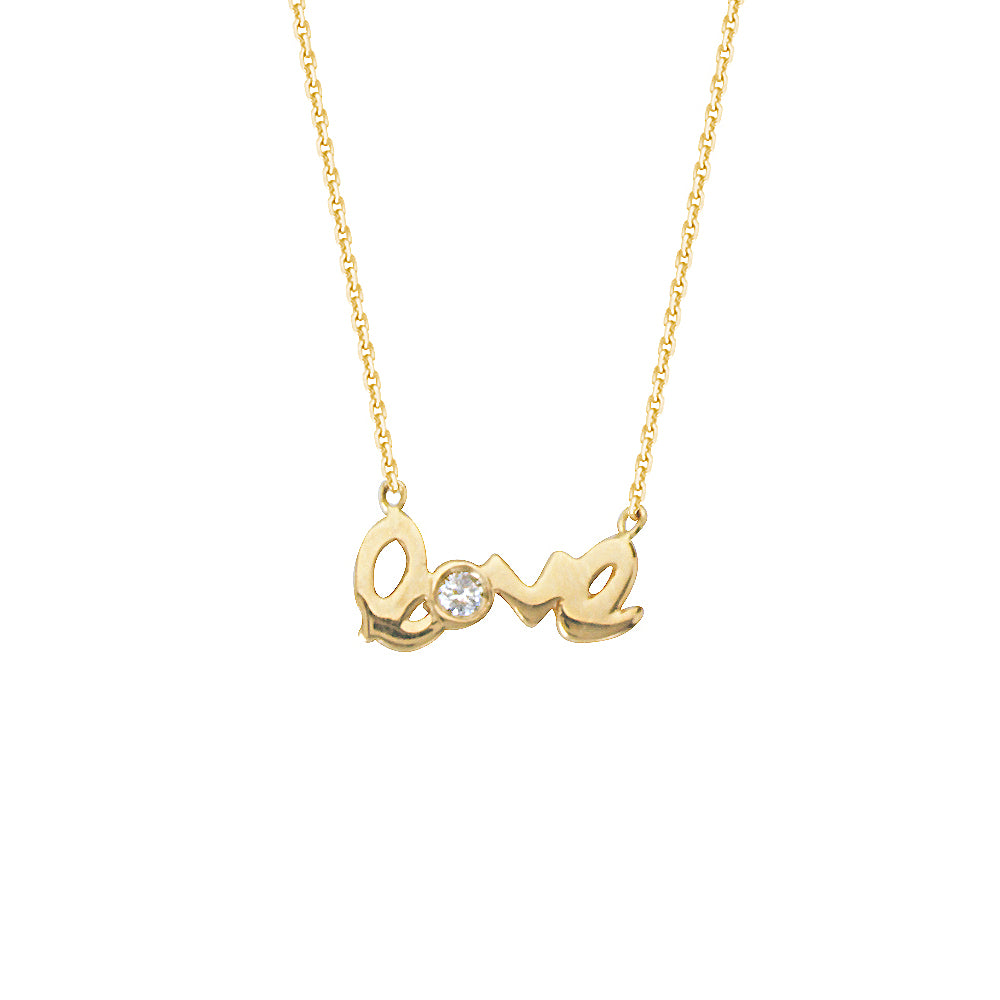 14K Yellow Gold Diamond Love Necklace. Adjustable Cable Chain 16" to 18"
