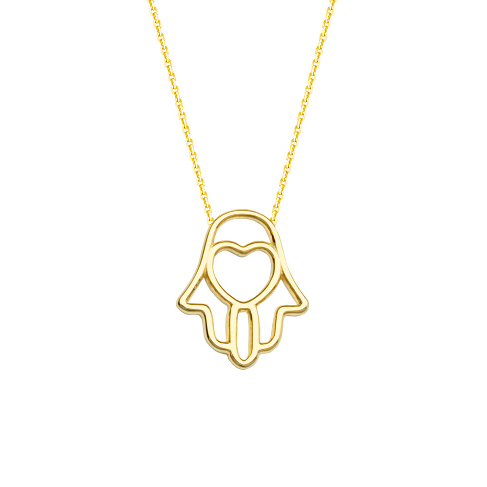 14K Yellow Gold Hamsa Hand With Heart Necklace. Adjustable Cable Chain 16" to 18"