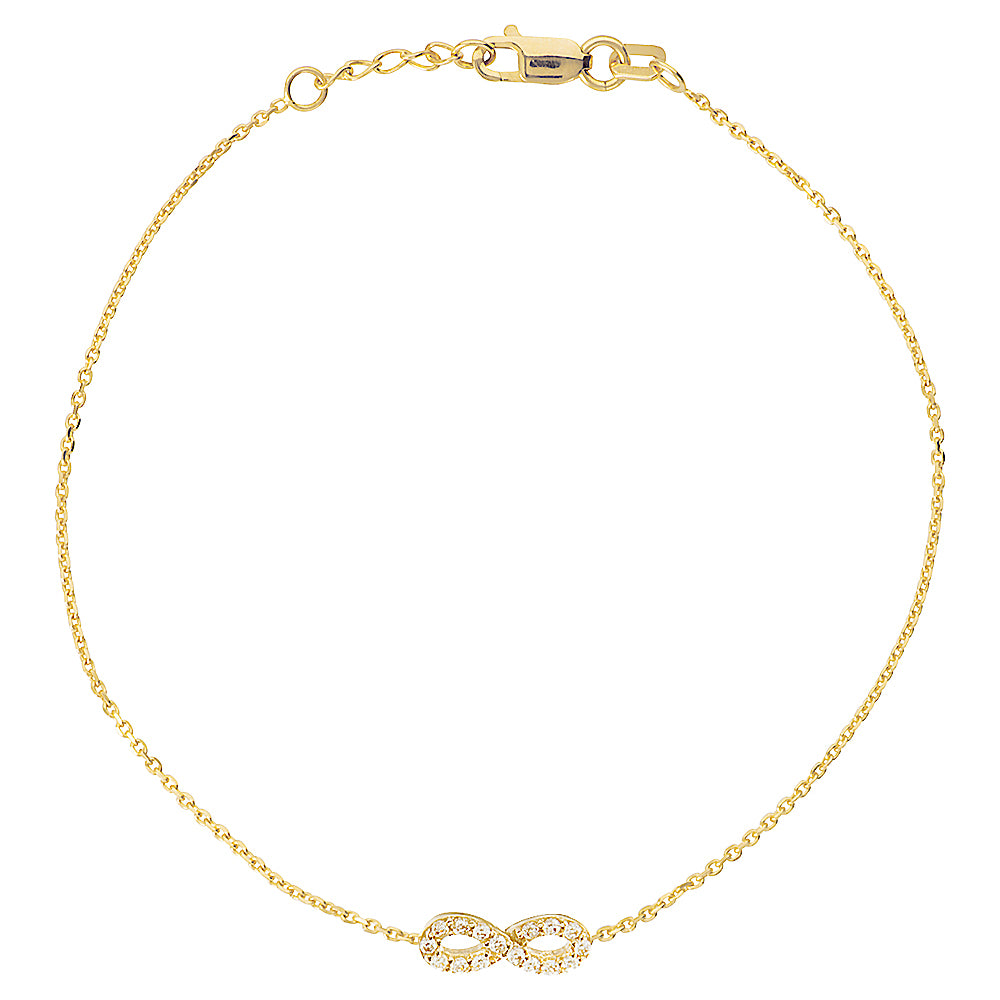 14K Yellow Gold Cubic Zirconia Infinity Bracelet. Adjustable Diamond Cut Cable Chain 7" to 7.50"
