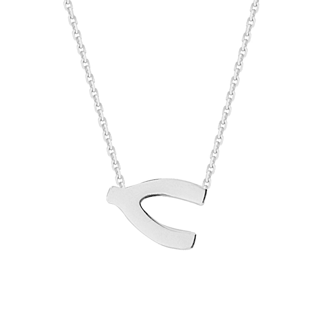 14K White Gold Sideways Wishbone Necklace. Adjustable Diamond Cut Cable Chain 16" to 18"