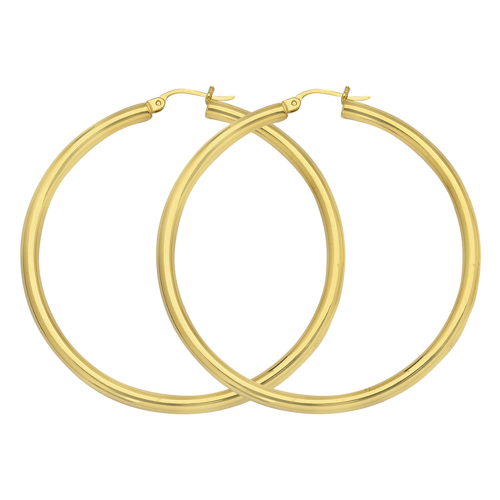 10K Yellow Gold 3 mm Polished Round Hoop Earrings 1.6" Diameter