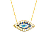 14K Yellow Gold Sideways Evil Eye Cubic Zirconia Necklace. Adjustable Cable Chain 16