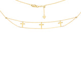 14K Yellow Gold Double Stranded Triple Cross Choker Necklace. Adjustable 10"-16"
