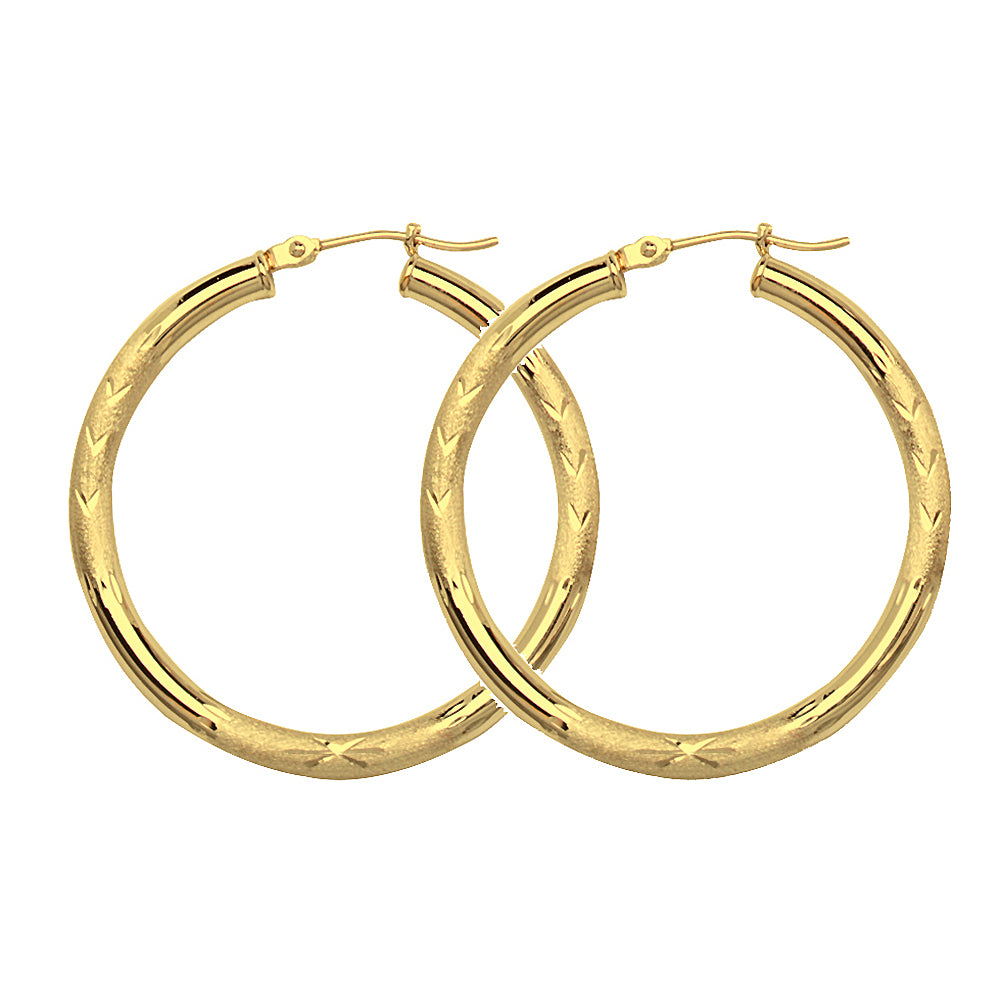 14K Yellow Gold Diamond Cut Florentine 3 mm Hoop Earrings