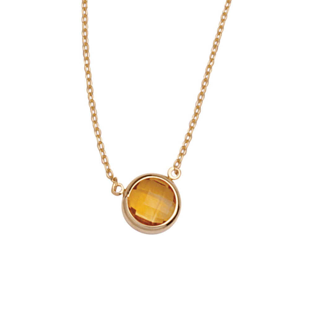 14K Yellow Gold Bezel Set Citrine Necklace. Adjustable Cable Chain 16" to 18"