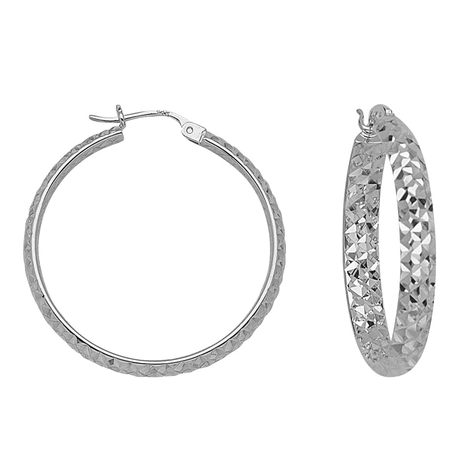 14K White Gold 3 mm Diamond Cut Hoop Earrings 1" Diameter