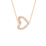 14K Rose Gold Cubic Zirconia Sideways Heart Necklace. Adjustable Diamond Cut Cable Chain 16" to 18"