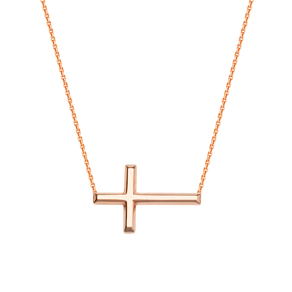14K Rose Gold Sideways Cross Necklace. Adjustable Cable Chain 16" to 18"