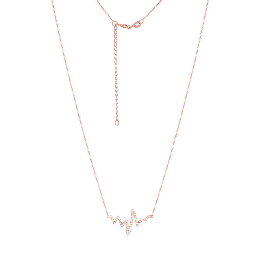 14K Rose Gold Cubic Zirconia Heartbeat Necklace. Adjustable Diamond Cut Cable Chain 16" to 18"