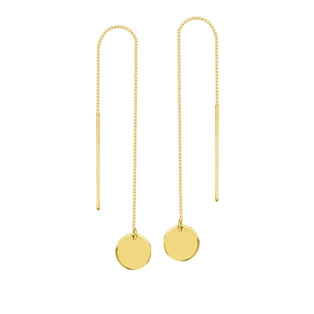 14K Yellow Gold Engraveable Round Disk Threader Earring