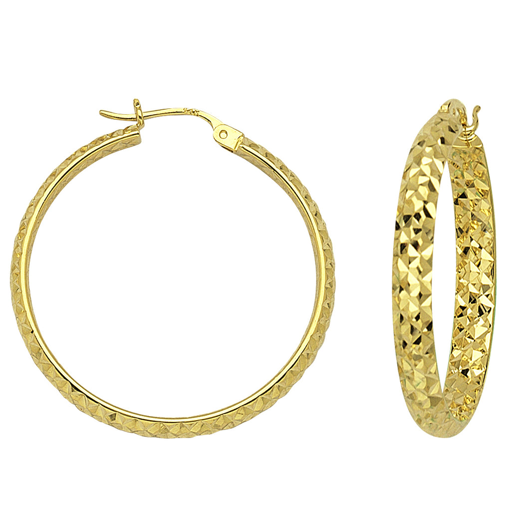 10K Yellow Gold 3 mm Diamond Cut Hoop Earrings 1.6" Diameter