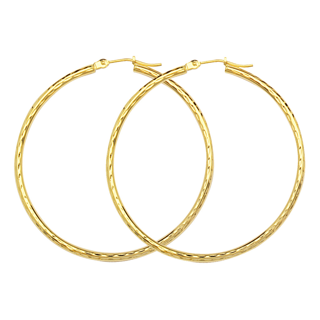 10K White Gold 2 mm Diamond Cut Hoop Earrings 1.2" Diameter