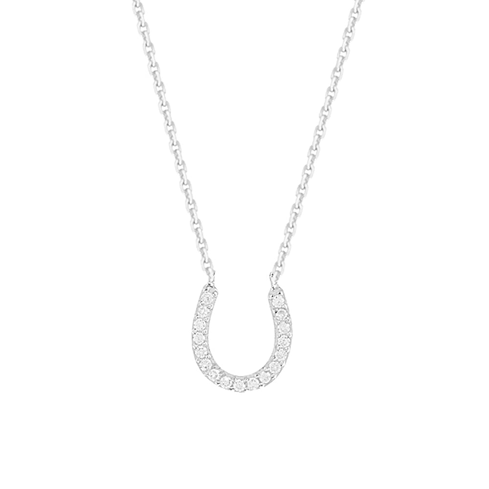 14K White Gold Cubic Zirconia Lucky Horseshoe Necklace. Adjustable Diamond Cut Cable Chain 16" to 18"