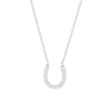 14K White Gold Cubic Zirconia Lucky Horseshoe Necklace. Adjustable Diamond Cut Cable Chain 16