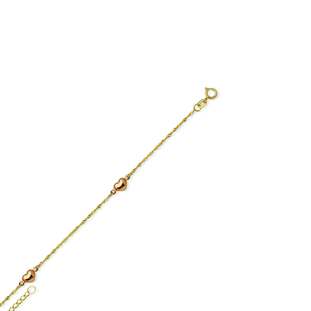 14K Two Tone Gold Puffed Heart Anklet Adjustable 9" to 10" length