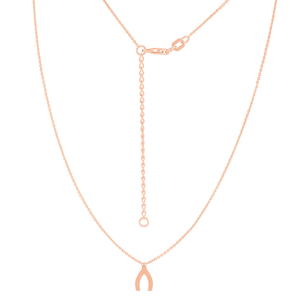 14K Rose Gold Wishbone Necklace. Adjustable Diamond Cut Cable Chain 16" to 18"