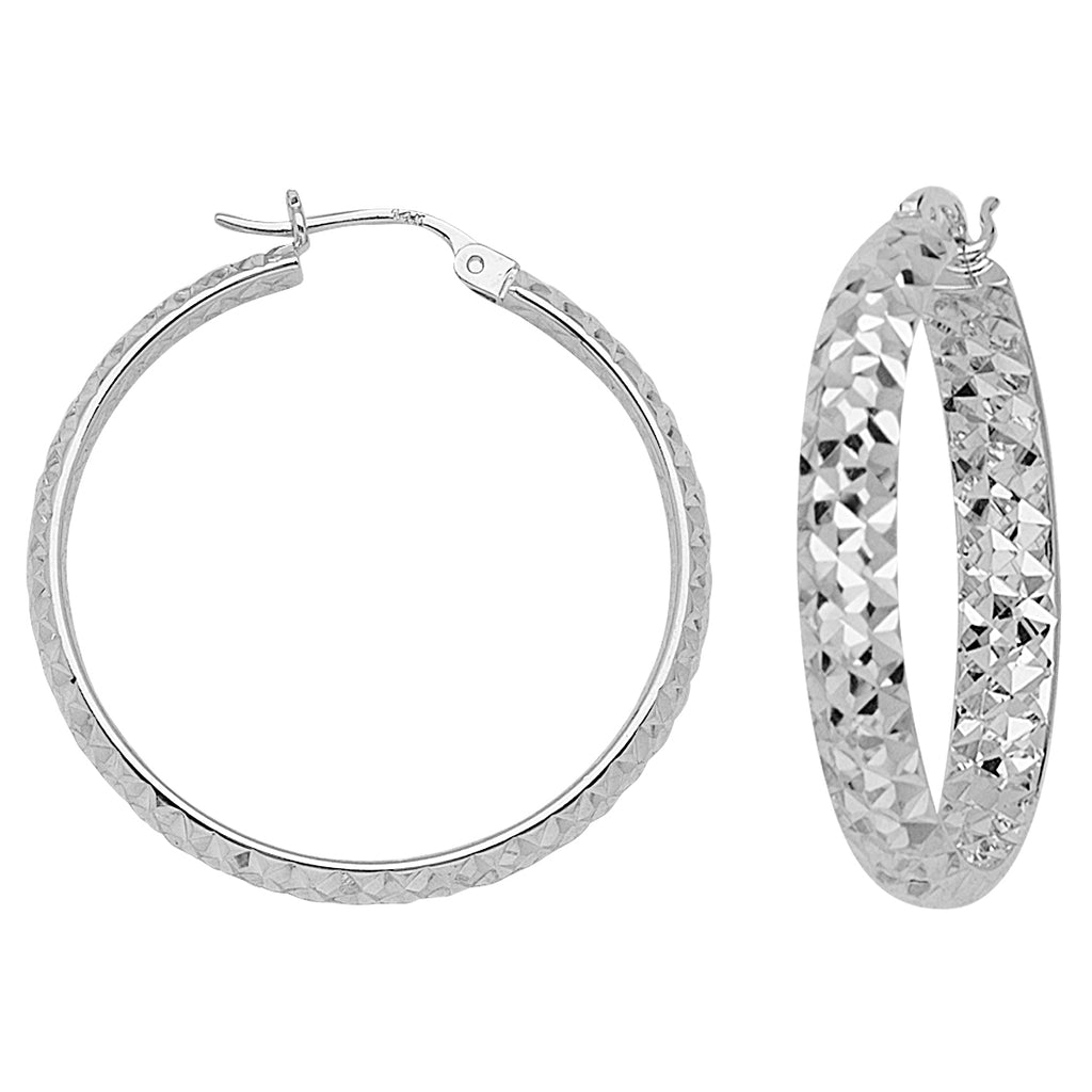 925 White Sterling Silver 3 mm Inside & Outside Diamond Cut Hoop Earrings 1.6" Diameter