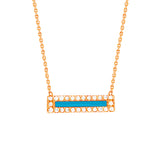 14K Rose Gold Cubic Zirconia Blue Enamel Bar Necklace. Adjustable Diamond Cut Cable Chain 16" to 18"