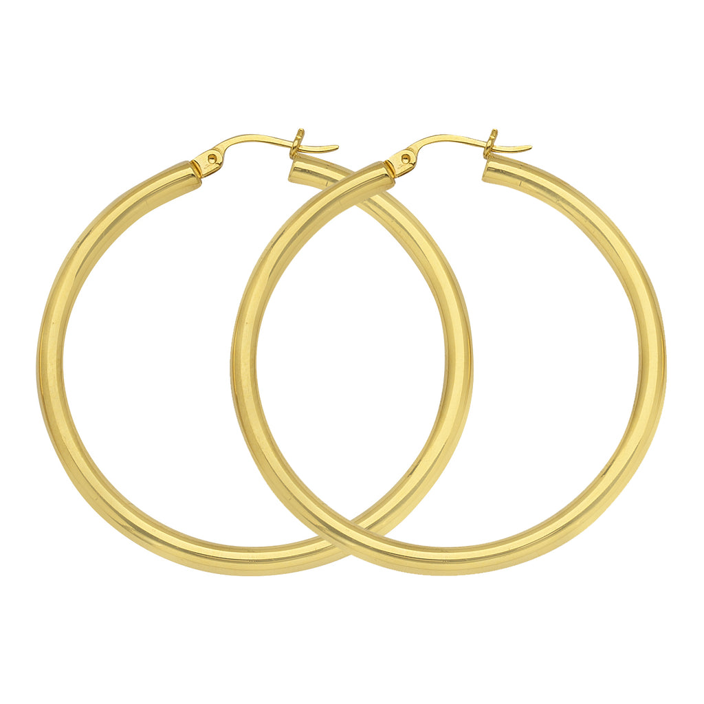 14K Yellow Gold 3 mm Polished Round Hoop Earrings 1.2" Diameter