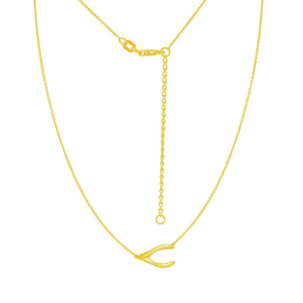 14K Yellow Gold Sideways Wish Bone Necklace. Adjustable Cable Chain 16" to 18"