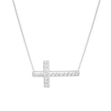14K White Gold Diamond Cut Sideways Cross Necklace. Adjustable Cable Chain 16" to 18"