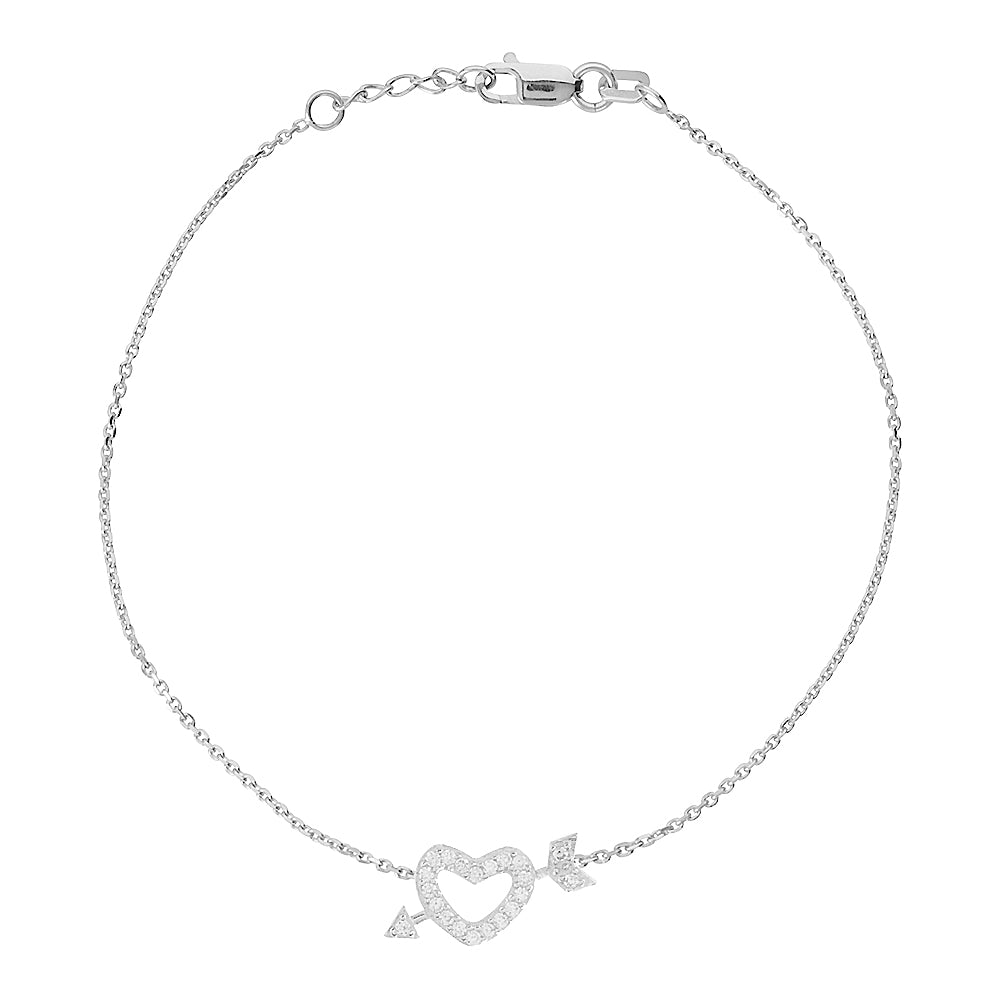 14K White Gold Heart & Arrow Bracelet. Adjustable Diamond Cut Cable Chain 7" to 7.50"