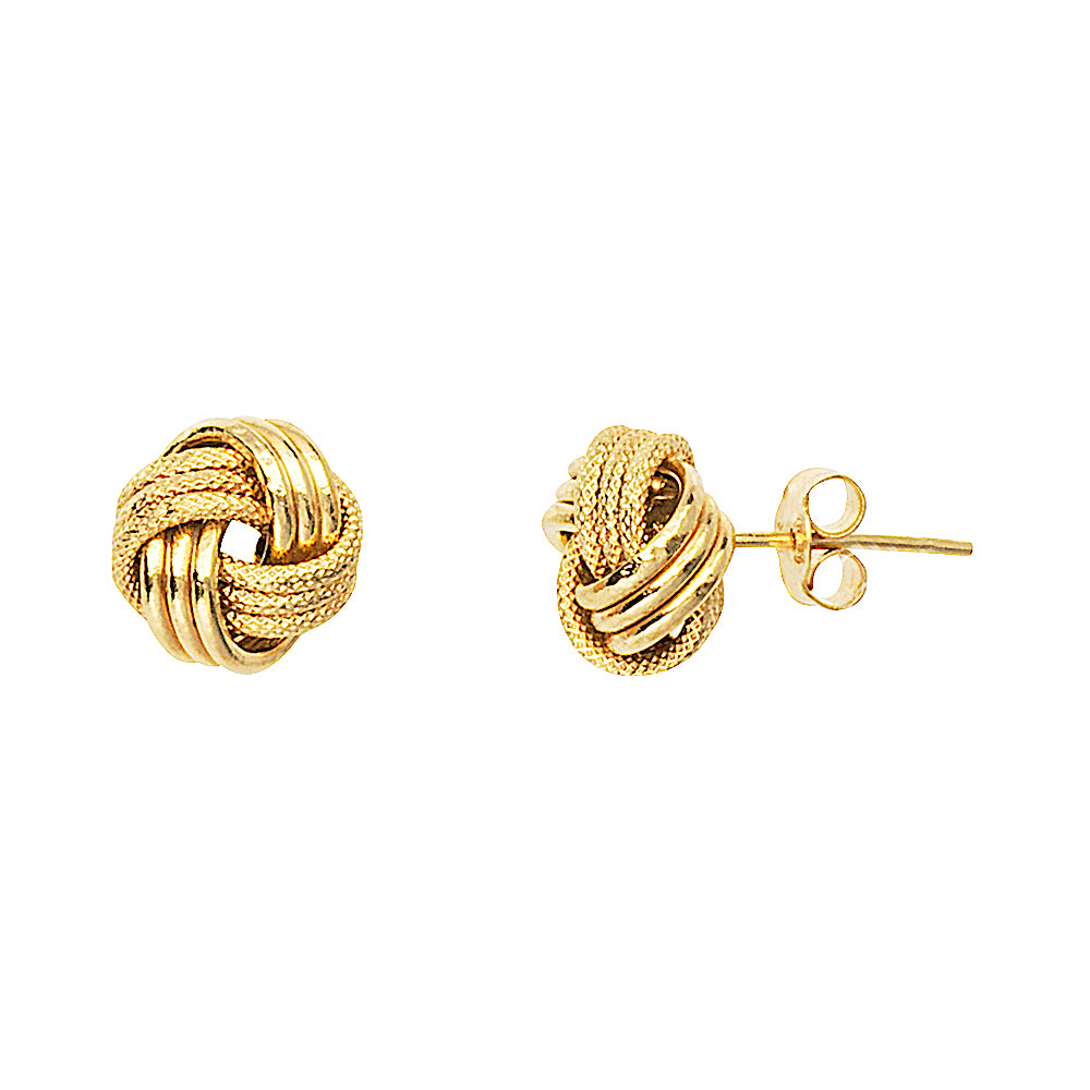 14K Yellow Gold Plain and Textured Tripple Tube Love Knot Earring