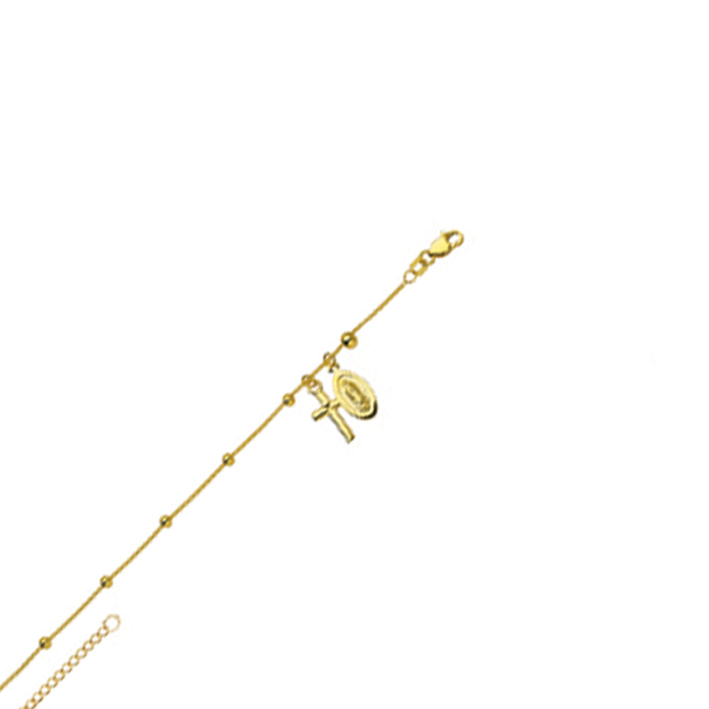 14K Yellow Gold Lady Mary & Cross Charm Religious Anklet Adjustable 9" to 10" length