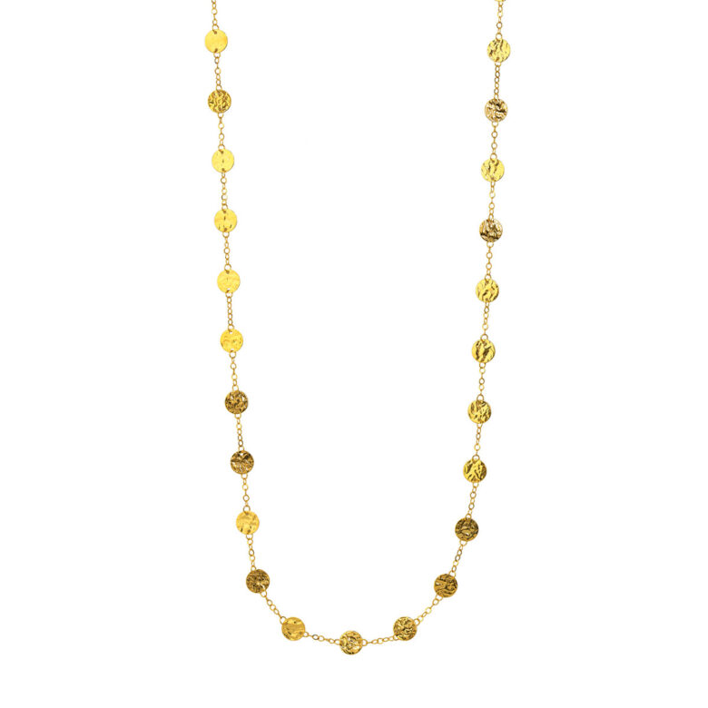 Long Hammered Discs Chain Necklace - 14K Yellow Gold - 36 Inches - by Dazyle
