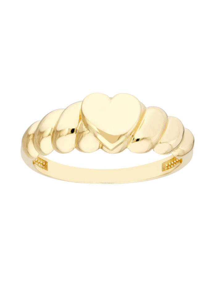 Puffed Heart Ribbed Sides Ring - 14K Yellow Gold - Ring Sizes 6, 7, 8 - by Dazyle