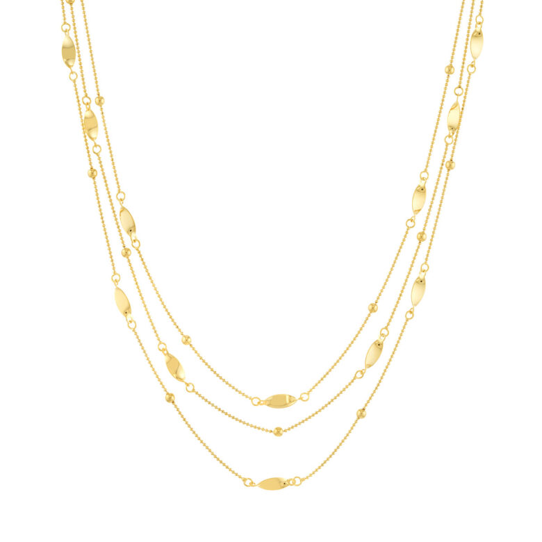 Layered Bead and Marquise Stations Necklace - 14K Yellow Gold - 17 inches - by Dazyle
