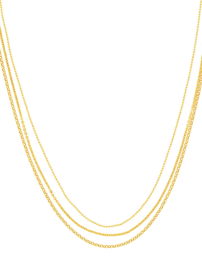 Mixed-Link Triple Strand Necklace in 14K Yellow Gold - Adjustable - by Dazyle