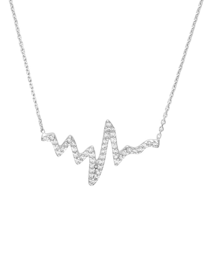 CZ Heartbeat Adjustable Necklace - 14K White Gold - 18-inch Cable Chain - by Dazyle